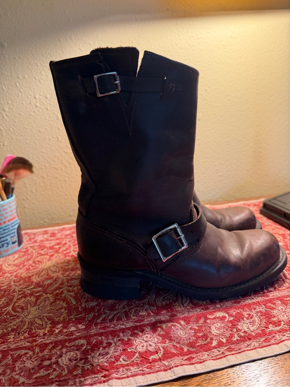 Authentic Frye dark brown Leather Women's Engineer Boots with Buckles.